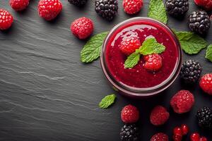 Delicious Berry Jam With Fresh Raspberries and Blackberries on a Slate Background photo