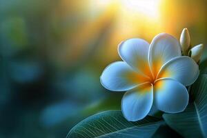 Beautiful White Frangipani Flower Blooming at Sunset in a Tranquil Garden photo