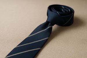 Elegant Dark Navy Tie With White Stripes Neatly Rolled on a Textured Background photo
