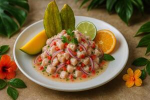 Fresh Ceviche With Mango and Lime Garnished With Tropical Leaves on a Vibrant Table photo