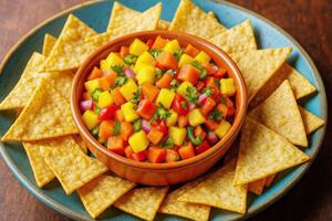 Colorful Mango Salsa Served With Crispy Tortilla Chips on a Vibrant Platter photo