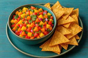 Fresh Mango Salsa Served With Crispy Tortilla Chips on a Turquoise Plate photo