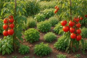 Fresh Tomatoes Growing in a Vibrant Garden With Green Herbs in Sunny Weather photo