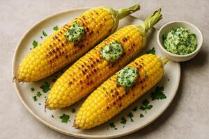 Grilled Corn on the Cob Topped With Herb Butter Served on a Plate With Garnish photo