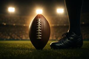 Sporty Atmosphere With a Football Poised for Play at a Vibrant Stadium During Night Time photo