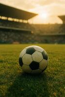 Soccer Ball on Grass Field During Sunset Before a Match in Stadium photo