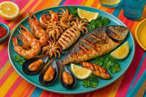 Grilled Seafood Platter With Shrimp, Fish, and Mussels Served With Lemon Wedges photo