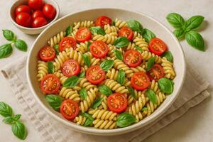 Fresh Pasta Salad With Cherry Tomatoes and Basil on a Light Background photo