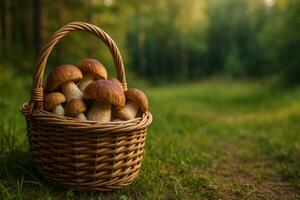 Mushroom Gathering in a Lush Forest Setting During the Early Evening Light photo