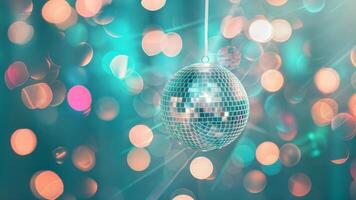 Disco ball on a string with bokeh lights photo