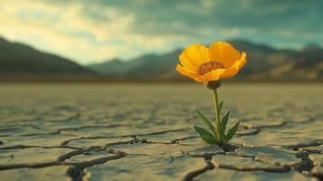 A single yellow flower growing in the cracked earth of an arid desert. 11 photo