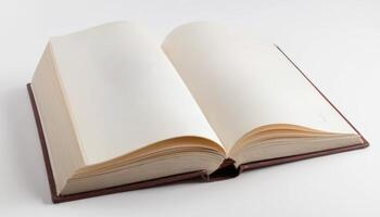 An open book with blank pages rests on a plain surface, inviting creativity and reflection, ideal for writing or journaling. photo