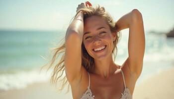 A woman in a bikini smiling on the beach photo
