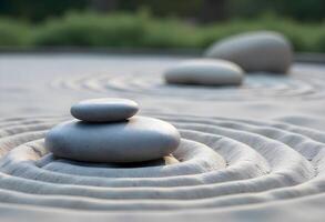 Zen Garden, Smooth Round Stones Nestled within Concentric Raked Sand Patterns, Creating a Calming Meditative Oasis of Balance and Serenity photo