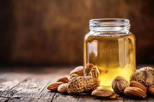 Oil in a jar surrounded by assorted nuts on wooden table photo