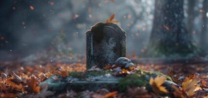 A tombstone in the middle of a forest with leaves falling photo