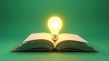 Open book with glowing light bulb on green background, 3D rendering. photo