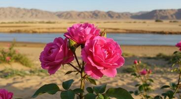 Blooming Pink Roses in Desert Landscape by Tranquil River photo