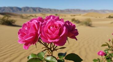 Vibrant Pink Roses Blooming in a Desert Landscape Under Clear Sky photo