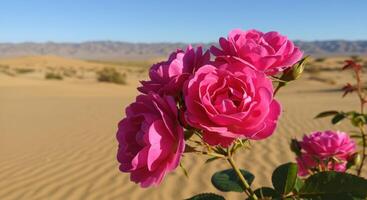 right Vibrant Pink Roses Blooming in Desert Landscape Under Clear Blue Sky photo