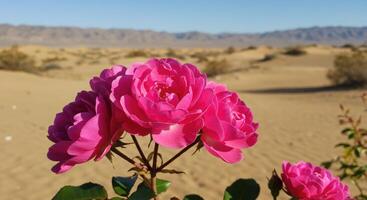 Vibrant Pink Roses Blooming Against a Golden Desert Landscape photo