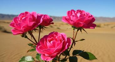 Vibrant Pink Roses Blooming in Desert Landscape Against Clear Blue Sky photo