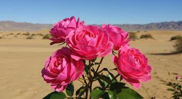Vibrant Pink Roses Blooming in Desert Landscape Against Clear Sky photo