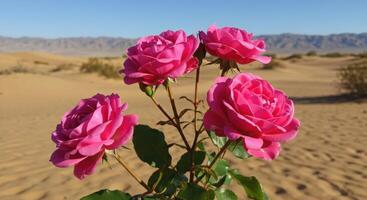 Vibrant Pink Roses Growing in the Desert Against a Clear Blue Sky photo