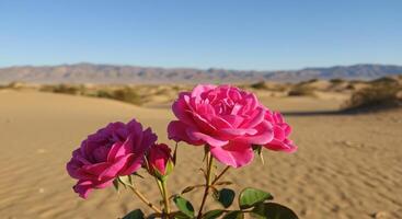 Gorgeous Pink Roses Blooming in Desert Landscape Under Clear Blue Sky photo
