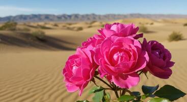 Vibrant Pink Roses Blooming in an Arid Desert Landscape Under Clear Blue Sky photo
