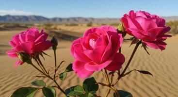 amazing Vibrant Pink Roses Blooming in Desert Landscape Under Clear Blue Sky photo