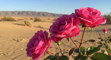 Captivating Pink Roses Blooming in the Desert Landscape Against Scenic Mountains photo
