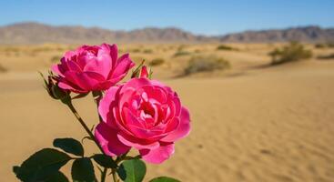 2 Vibrant Pink Roses Blooming in Desert Landscape Under Clear Blue Sky photo