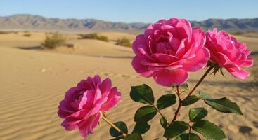 Stunning Pink Roses Blooming Amidst Desert Landscape Under Clear Sky photo