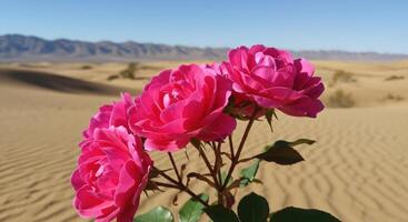 Stunning Pink Roses Blooming in a Desert Landscape Under Clear Blue Sky photo