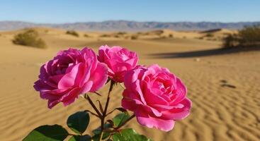 Vibrant Pink Roses Blooming in Desert Landscape Under Bright Blue Sky photo