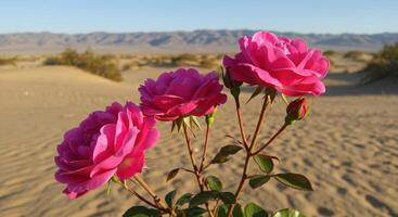 Vibrant Pink Roses Blooming in Sandy Desert Landscape Under Clear Blue Sky photo