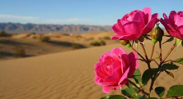 Vibrant Pink Roses Blooming in Desert Landscape with Scenic Mountains photo