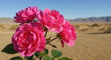 Vibrant Pink Roses Blooming in the Desert Under Clear Blue Sky photo