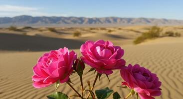 Vibrant Pink Roses Blooming in the Desert Landscape with Soft Dunes photo