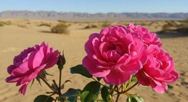nice Vibrant Pink Roses Blooming in Desert Landscape Under Clear Blue Sky photo