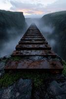 A long, rusty staircase leads into the misty distance photo