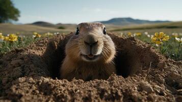 A prairie dog pops out of its burrow in a field of wildflowers photo