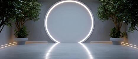 Illuminated circular portal with trees in a modern interior photo