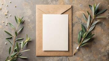 Blank card with olive branches on a rustic background. photo