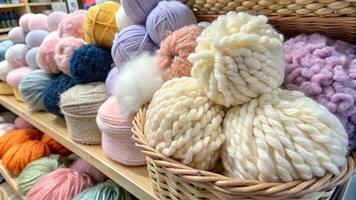 A colorful assortment of yarn balls neatly arranged in baskets. photo