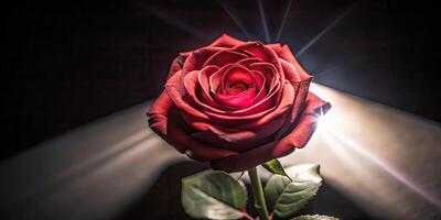 An artistic close-up of a single red rose with dramatic lighting. photo
