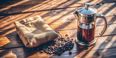 A French press coffee set with fresh beans on a rustic table. photo