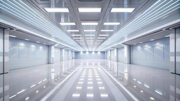 Modern bright hallway with reflective glossy floors. photo