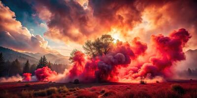 A dramatic explosion of vibrant red and orange smoke. photo